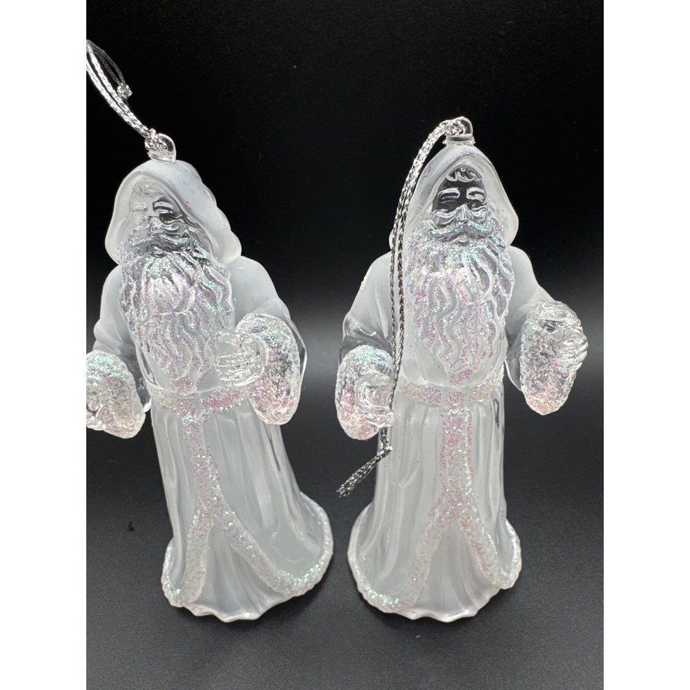 Frosted Acrylic Santa Claus Christmas Ornaments Set of 2 Glitter 4.5 Inch Clear